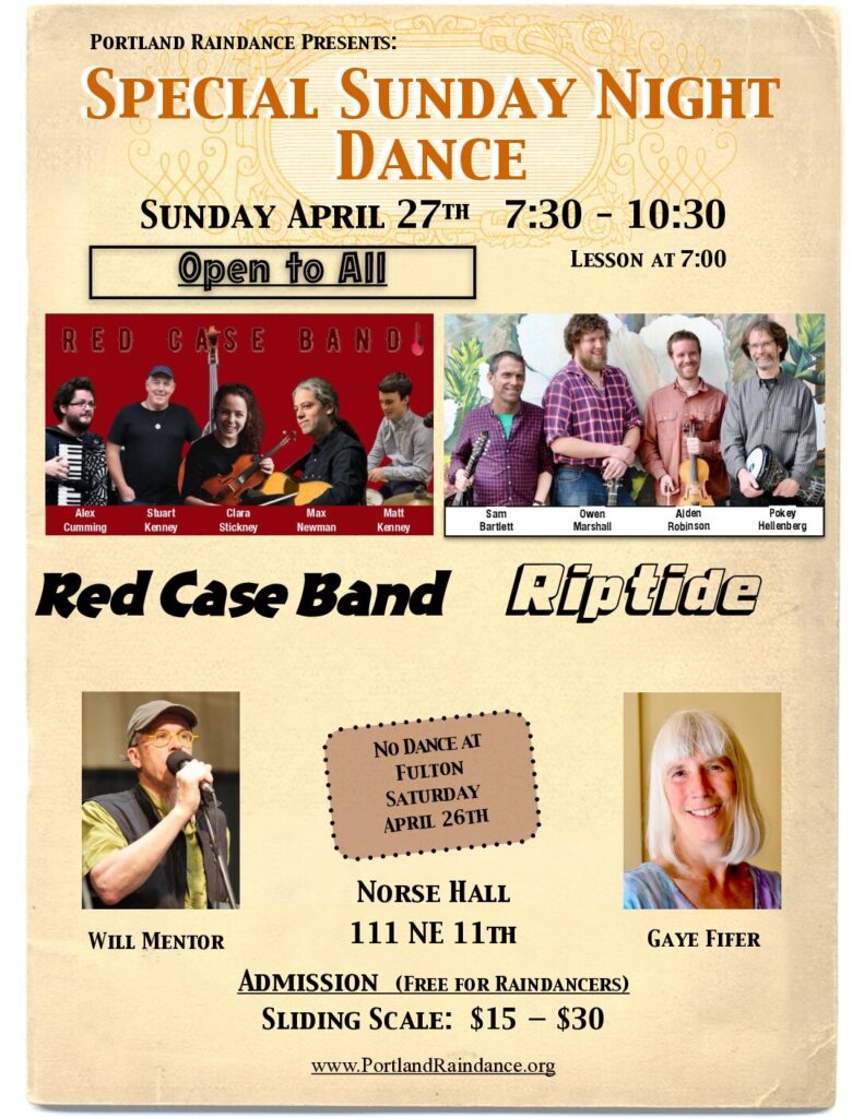 Special Fourth SUNDAY dance at Norse Hall: Red Case Band, Riptide, Will Mentor, Gaye Fifer